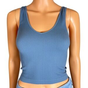 Free People Movement Ribbed V Neck Seamless Crop Tank Top Blue Womens XS/S